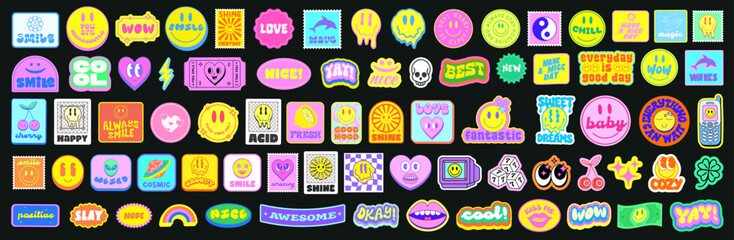 Fototapeta premium Cool Trendy Y2k Stickers Pack Vector Design. Groovy Cute Patches Graphic Elements. Pop Art Labels.