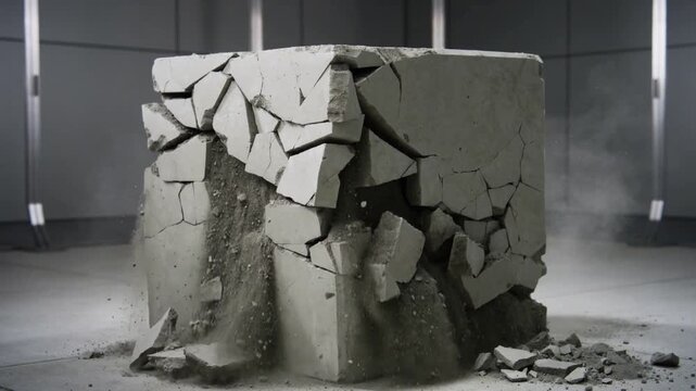 Cracking concrete cube after hairline fracture and shedding slabs during lab test, piling rubble