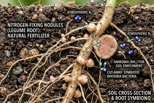 Symbiotic rhizobia bacteria diagram on legume root with nitrogen molecules