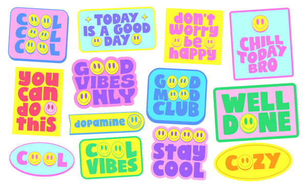 Cool Trendy Y2k Stickers Pack Vector Design. Groovy Cute Patches Graphic Elements. Pop Art Labels.