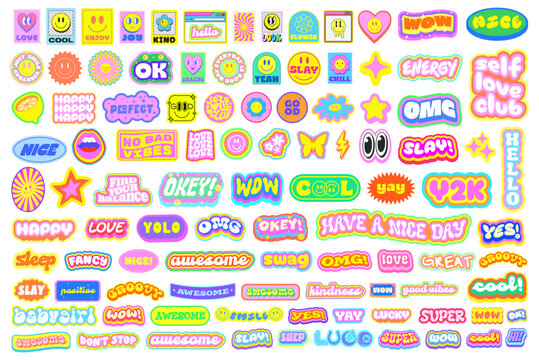 Cool Trendy Y2k Stickers Pack Vector Design. Groovy Cute Patches Graphic Elements. Pop Art Labels.