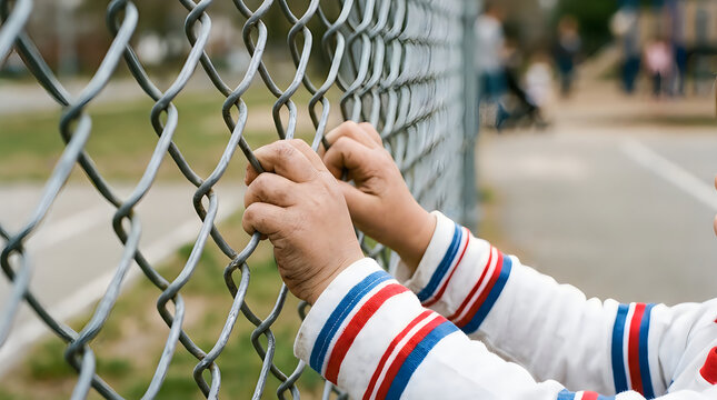Close up of a child's hands gripping a chain link fence in a park.