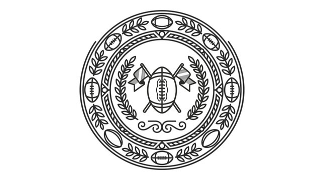 Circular rugby crest with axes and laurel wreath.