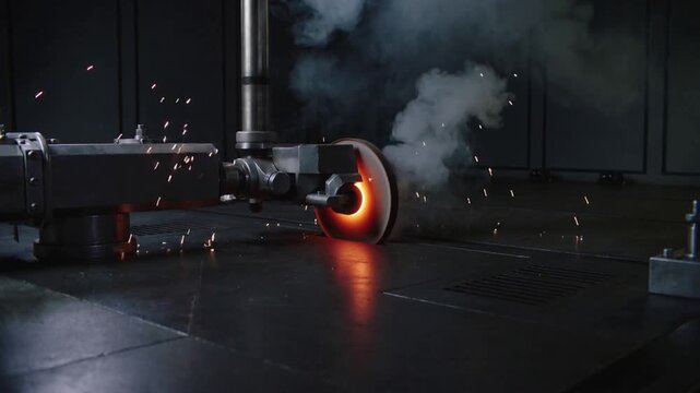 Grinding abrasive wheel contacting metal workpiece, cutting and emitting sparks, smoke in shop