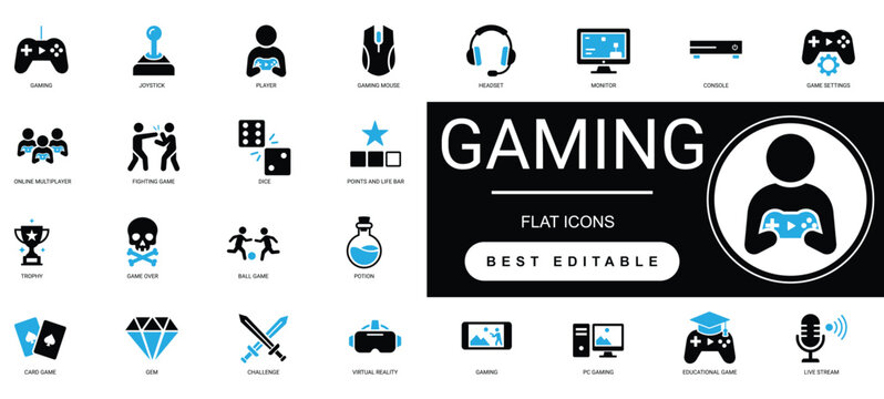 gaming solid icon set. gaming, video game, controller, player, console, sports, entertainment, play hobby leisure fun. editable, vector illustration