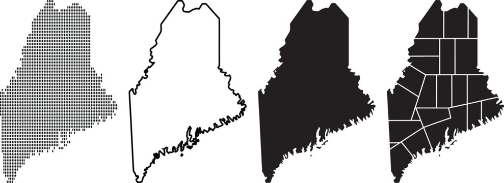 Four different styles of Maine state maps isolated on white background for geographic and educational purposes  various map designs