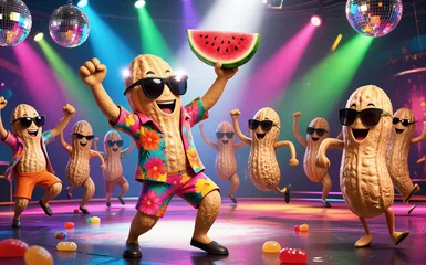 Peanut characters dance under disco lights with watermelon slices and candy. © YiuCheung