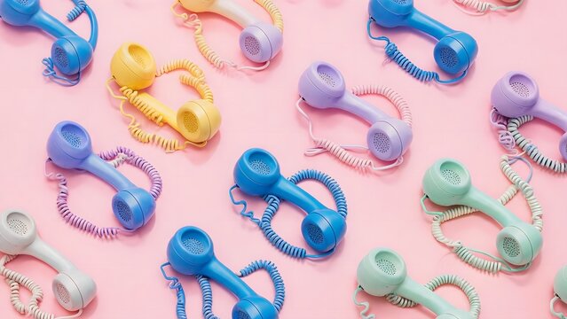 Colorful vintage telephones on pink background