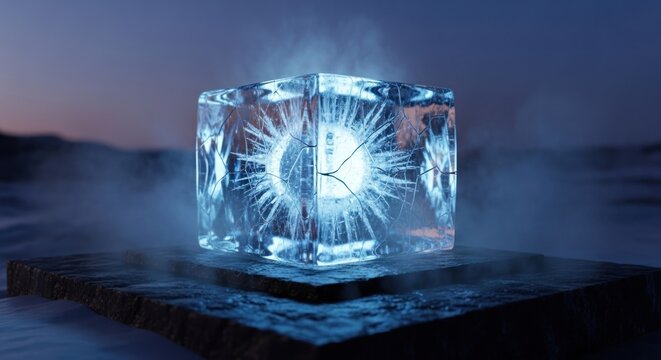 Mysterious Glowing Ice Cube with Cosmic Energy Inside.