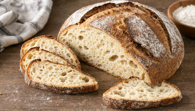 A rustic loaf of sourdough bread with several slices cut, resting on a dark wooden table next to a bowl of flour and a linen kitchen towel