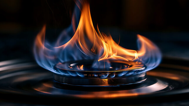 A shot of a modern gas stove with a bright, deep blue burner, an even flame, subdued lighting with deep shadows, a dramatic light reflection on the metal surface of the burner, a nighttime kitchen sce