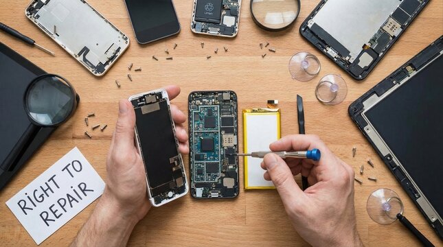Technician repairing a smartphone with tools. Right to Repair concept flat lay