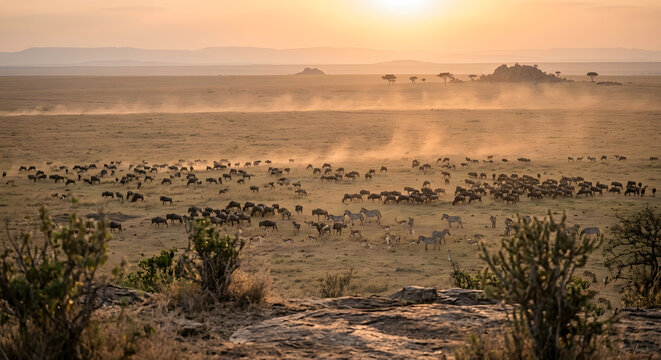 Great migration of wildebeests and zebras across the savanna plains