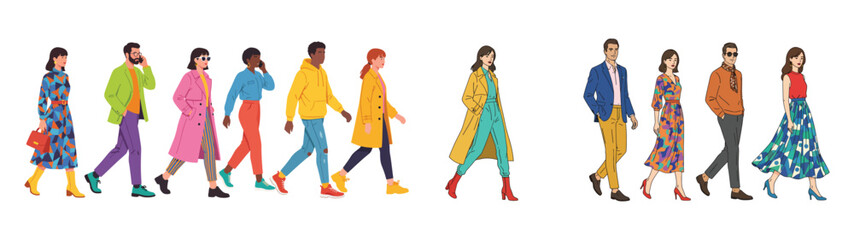 Fototapeta premium Walking People Flat Vector Set Diverse Urban Lifestyle Characters Collection