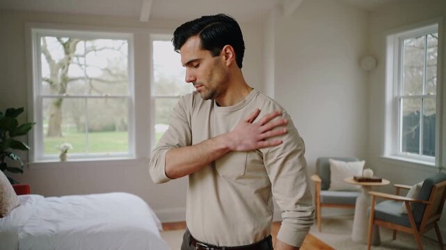 Rubbing adult man in beige shirt massaging right shoulder in bright bedroom, with bed and windows
