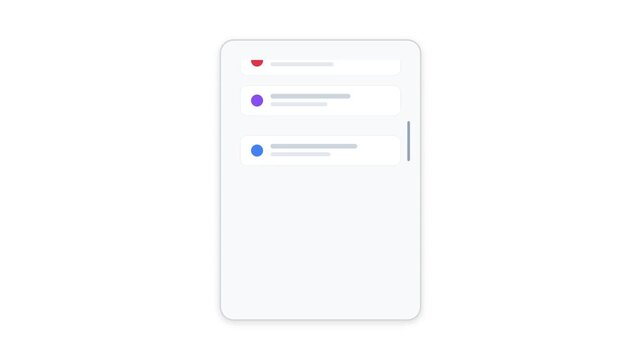 Minimalist list interface animation showing colorful bullet points scrolling smoothly inside a clean digital software frame