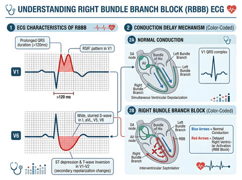 Right bundle branch block ecg diagram explanation isolated on white background