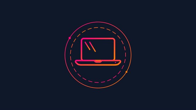 Laptop 2d animated outline icon rotation appearance featuring vibrant sunset gradient lines and orbiting satellites 4K