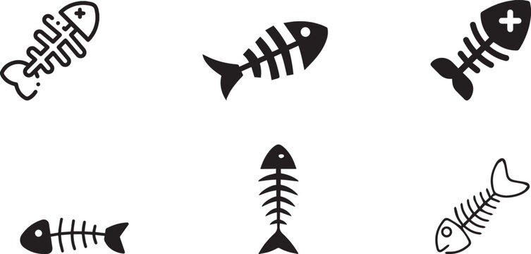 Minimalist fish bone icons set, black silhouette fish skeleton vector illustrations, simple aquatic remains symbols for marine pollution or food waste concepts