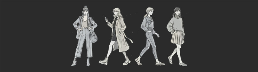 Fototapeta premium Fashion Model Silhouettes Vector Set Walking Women Collection