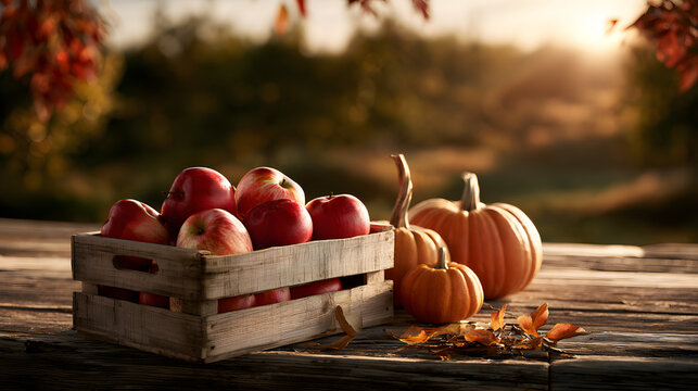 Fresh red apples and pumpkins on a rustic wooden table