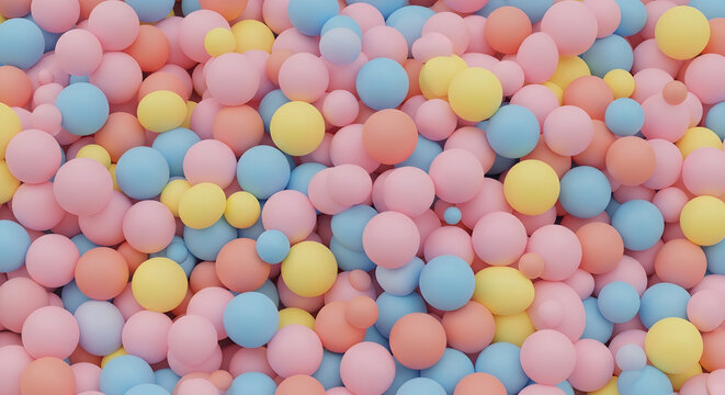 Close-up of colorful plastic balls in a ball pit with vibrant pastel hues