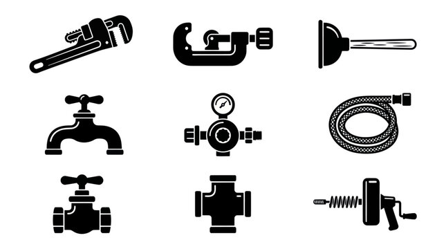 A monochrome flat vector icon set of 9 plumbing and gas maintenance tools including pipe wrench, pipe cutter, plunger, faucet, gas regulator, flexible hose, water valve, pipe connector, drain 