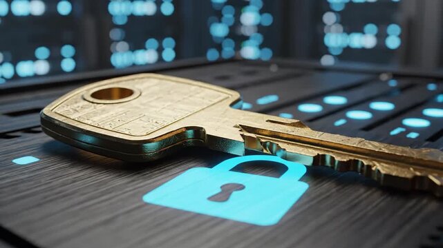 Golden key resting on server hardware with glowing lock icon. Cybersecurity and network encryption concept for digital data protection in a modern data center
