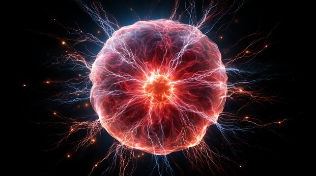Glowing red plasma sphere radiating intense electric lightning bolts in a dark void creating a powerful and energetic visual effect