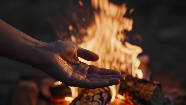 15. [STYLE] of a palm held near a crackling campfire showing warm flickering glow reflecting off skin with visible heat waves, warm natural firelight, deep amber and charcoal tones, softly blurred nig