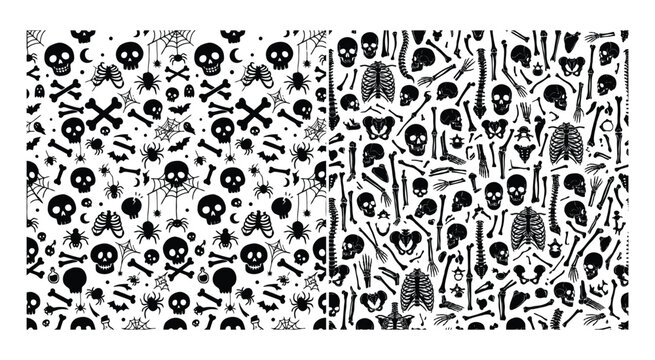 Skeleton doodles and halloween motifs black vector illustration on white background