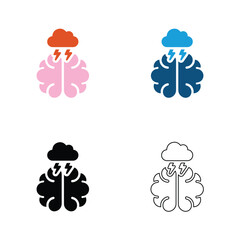 Obraz premium Brainstorming Stress Icon Set with Human Brain and Cloud Lightning Thunder Strike Symbol for Mental Health Crisis and Overthinking Vector Illustration
