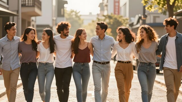 32. [STYLE] of a group of friends walking arm in arm down a sunlit street showing relaxed synchronized stride and genuine shared laughter, warm golden hour backlight, warm amber and soft gray tones, s
