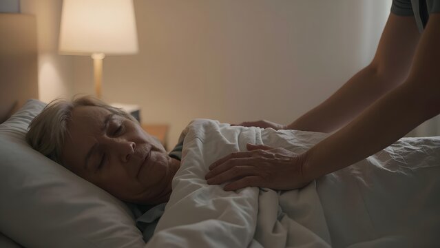 36. [STYLE] of a caregiver gently adjusting a blanket over a sleeping elderly parent showing tender careful movement and quiet devotion, soft warm lamp light, muted amber and soft gray tones, softly b