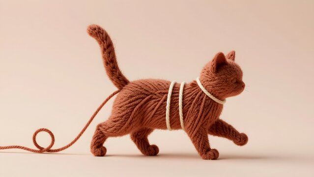 60. [STYLE] of a ball of yarn unraveling into the shape of a tiny running cat silhouette showing soft fibrous texture and playful looping form, warm soft studio lighting, muted terracotta and cream ya