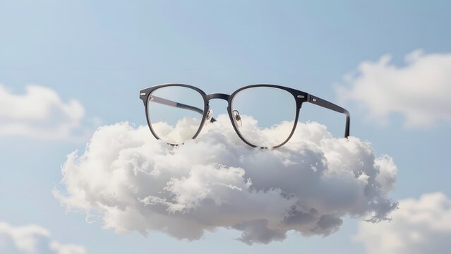 59. [STYLE] of a pair of glasses resting on a cloud showing delicate lens reflection and soft pillowy cloud texture beneath, bright dreamy soft lighting, sky blue and soft white tones, seamless sky ba