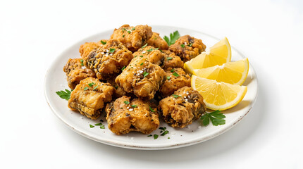 Fototapeta premium Crispy deep-fried Cape Verdean moray eel chunks with lemon wedges, isolated on a white background.