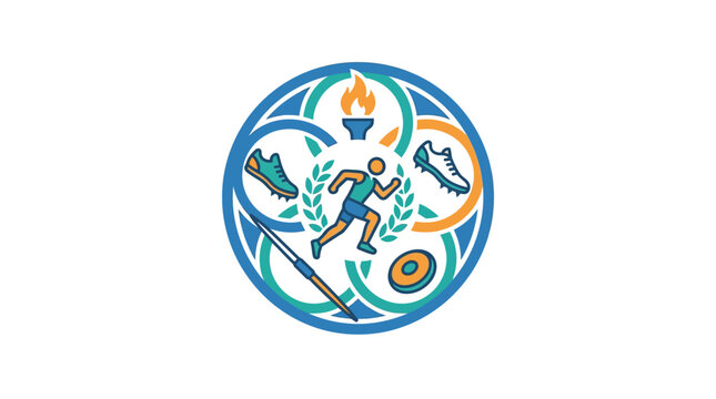 Circular sports emblem with runner and torch symbols.