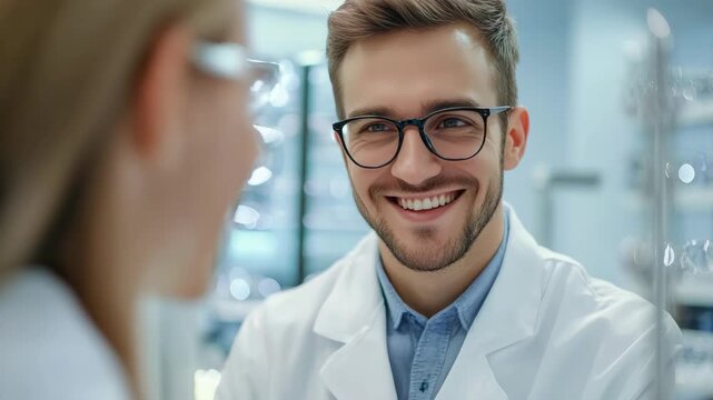 Young man wearing glasses and lab coat smiles at camera in laboratory setting with shelves of scientific equipment in background.