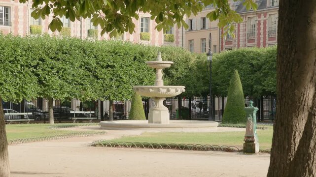 Ground-level view of a classic tiered stone fountain in Place des Vosges, Paris, framed by large tree trunks and hanging green leaves, with manicured hedges and historic residential facades in the bac