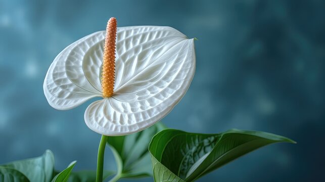 Elegant White Anthurium Flower with Yellow Spadix on Blue Background