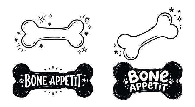 Dog bone illustrations with lettering and decorative elements black and white style
