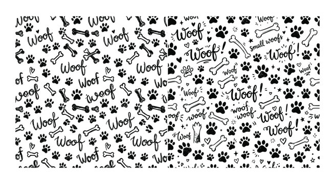 Dog bone and paw print pattern on a white background
