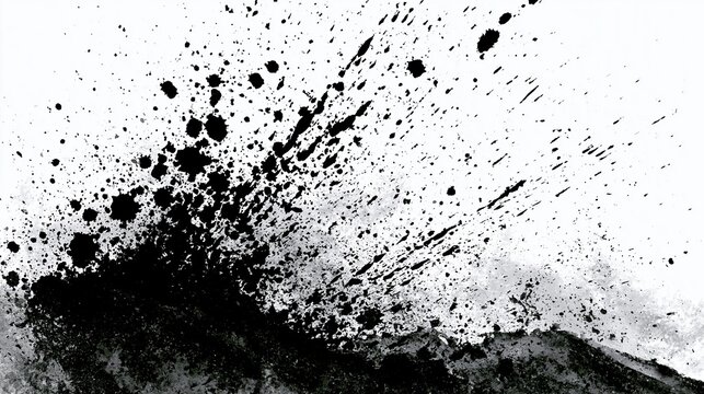 Artistic black ink splash texture featuring sharp edges and dynamic droplets isolated on a clean and bright white background surface