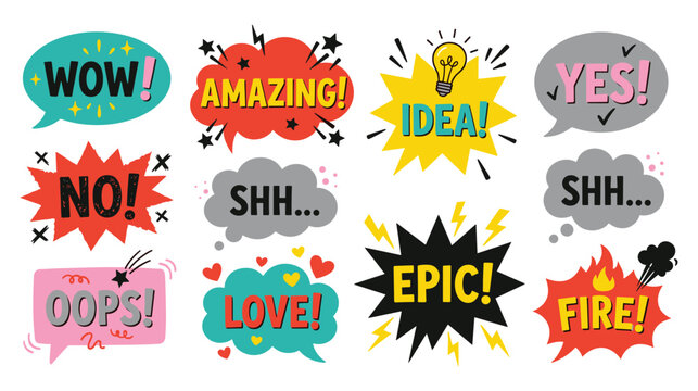 Colorful comic speech bubbles with motivational text amazing idea wow yes and epic labels.