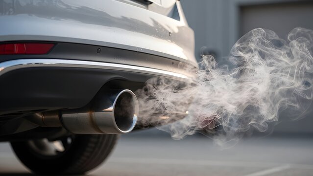 187. [STYLE] of a car's chrome exhaust pipe emitting soft visible vapor in cold morning air showing polished metallic texture with subtle heat shimmer, cool soft morning light, silver chrome and pale