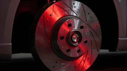Fototapeta premium 200. [STYLE] of a car's brake disc glowing faintly red from friction heat showing intricate ventilated metal texture and fine heat shimmer, dramatic dark studio lighting, deep red glow and charcoal me