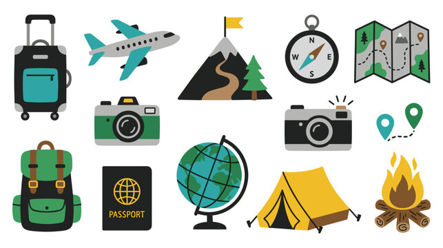 Travel and camping gear set including suitcase passport camera globe and mountain elements.