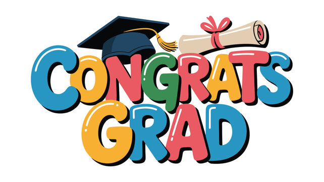 Congrats grad colorful typography with graduation cap and diploma scroll for academic celebration and school achievement