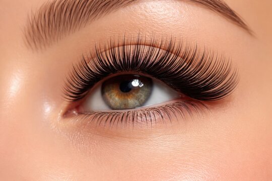 Close up eye with long volume eyelash extension showing beauty treatment and detailed lash styling